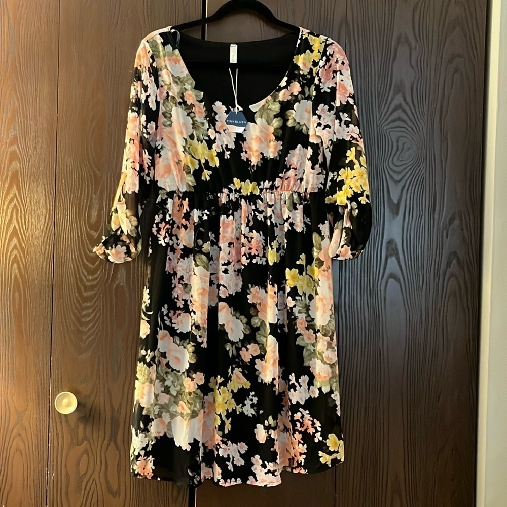 Pink Blush maternity dress. Sheer black with floral pattern. Lined. NWT Small